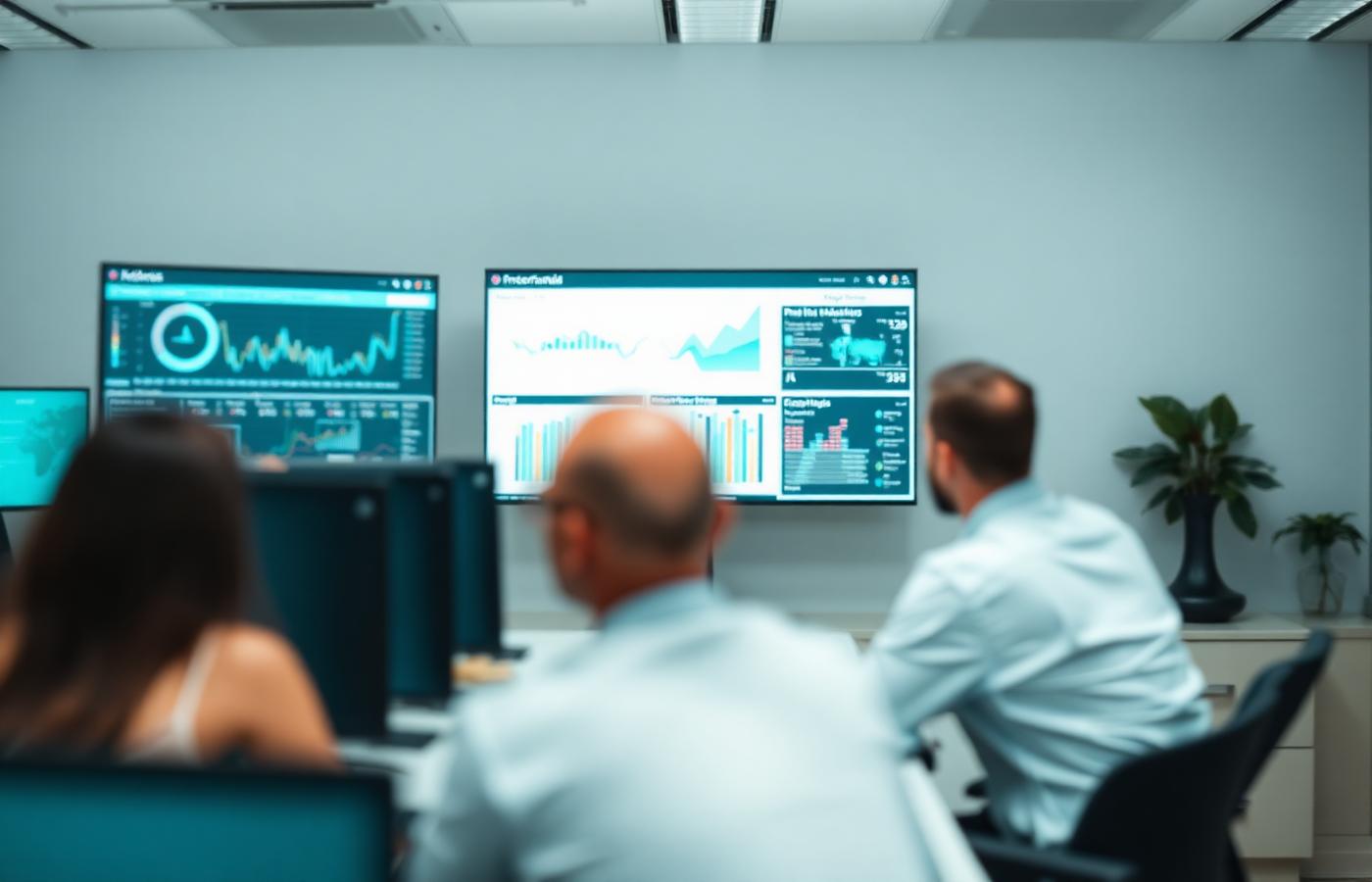 Software team reviewing system dashboards together in an office