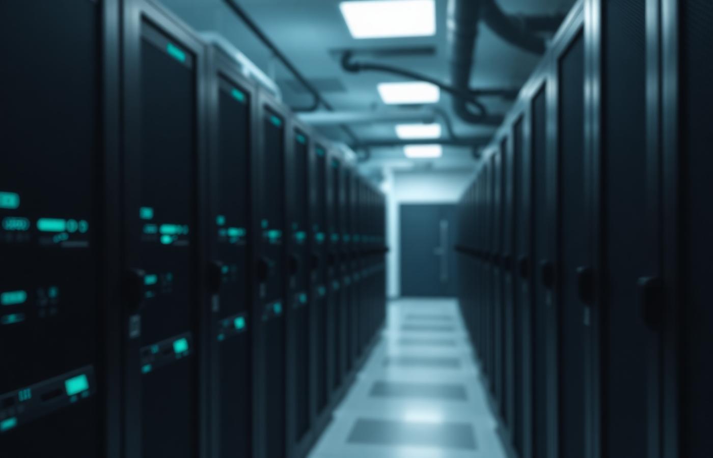 Data centre corridor lined with server cabinets and status lights